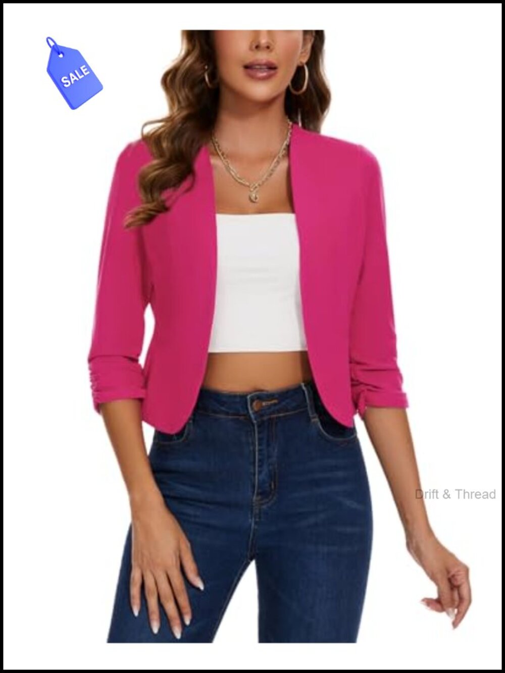 Cropped Blazer Women 3/4 Ruched Sleeve Open Front Business Casual Suit Jacket